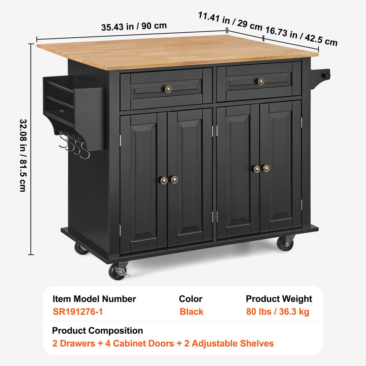 VEVOR Kitchen Island Cart, 35" Wood Top Mobile Carts with Storage Cabinet, Rolling Table with Drop Leaf, Spice Rack, Towel Bar, Adjustable Shelf, Drawer, and Hooks, Portable Islands on Wheels, Black VEVOR