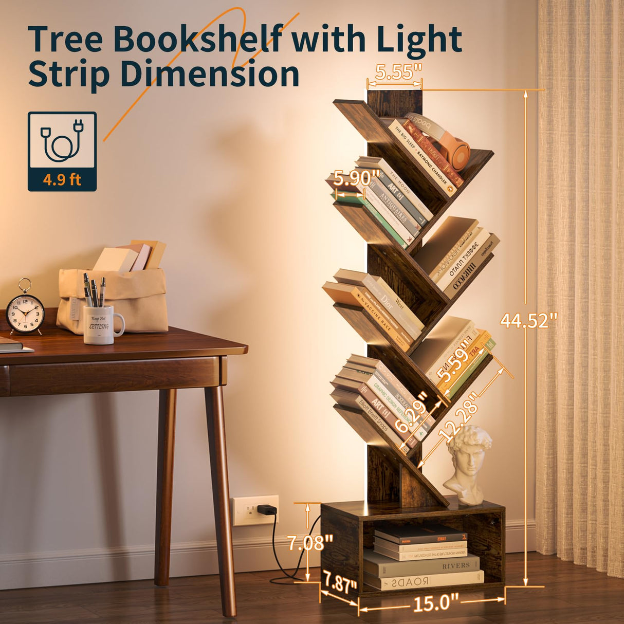 Yoobure Tree Bookshelf with LED Light, 6 Tier Book Shelf, Small Bookcase Narrow Bookshelves with Storage, Wood Book Case Organizer for CDs/Books, Floor-Standing Rack for Bedroom, Office, Rustic Brown Yoobure