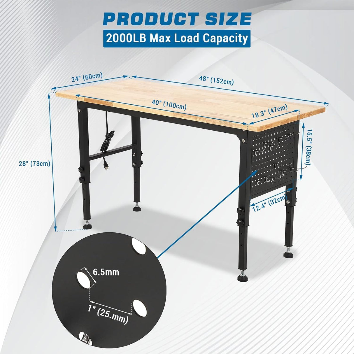 48" Heavy-Duty Height Adjustable Workbench, 2000 Lbs Capacity Hardwood Worktable Work Bench with Power Outlets, Brake Wheels for Garage Workshop Office Home Woodworking Shop Doppeltcharms