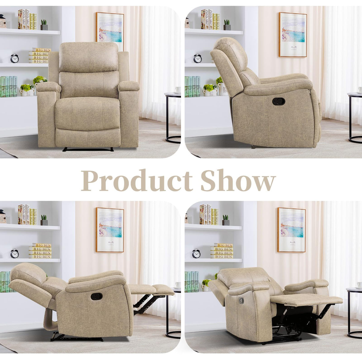 EBELLO Recliner Chair, Single Overstuffed Sofa Recliner, Breathable Faux Leather Manual Reclining Chairs with Hidden Cup Holder, Arm and Back for Adults, Living Room, Bedroom, Beige EBELLO