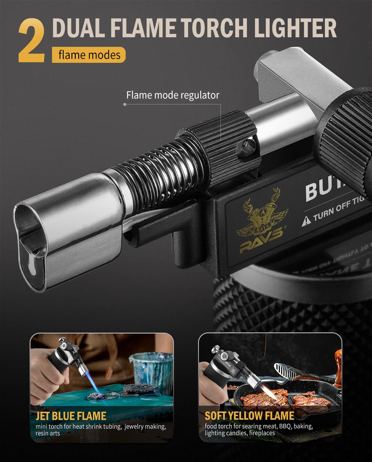 RAVS Butane Torch Lighter, DUAL Flame Mode Kitchen Torch, Refillable Cooking Torch Gun, Creme Brulee Torch Lighter, Blow Torch for Cooking, Welding, Mini Torch Soldering Torch, Butane is Not Included ravs