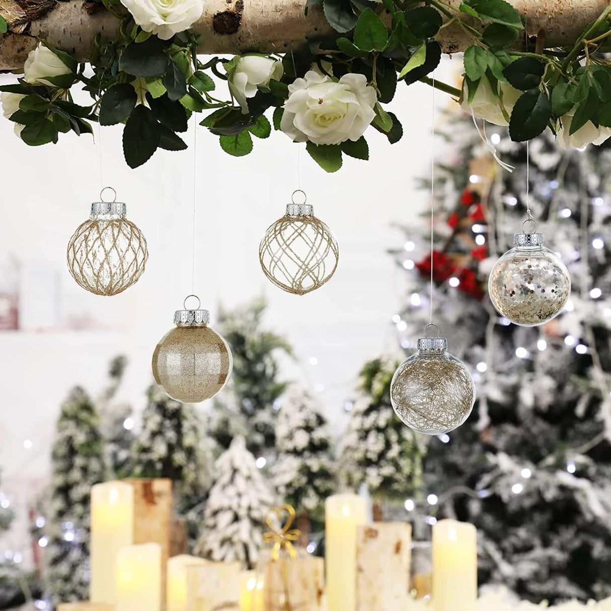 CristBest 30ct Christmas Ball Ornaments-60mm/2.36" Shatterproof Clear Plastic Xmas Balls Baubles Set with Stuffed Delicate Sparkling, Hanging Christmas Tree Decorations (Champagne Gold) CristBest