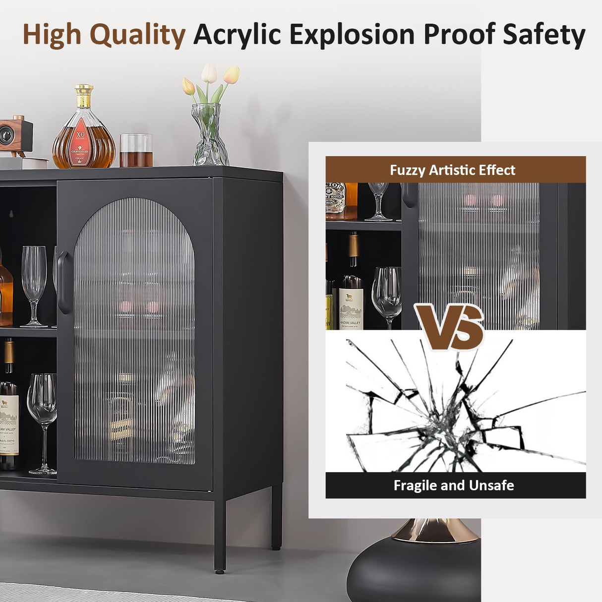 FURSTEL Buffet Cabinet, Modern Industrial Style Sideboard Buffet Cabinet, with Adjustable Shelves Credenza for Living Kitchen Dining Farmhouse, 15.8" L x 27.6" W x 35" H Black FURSTEL