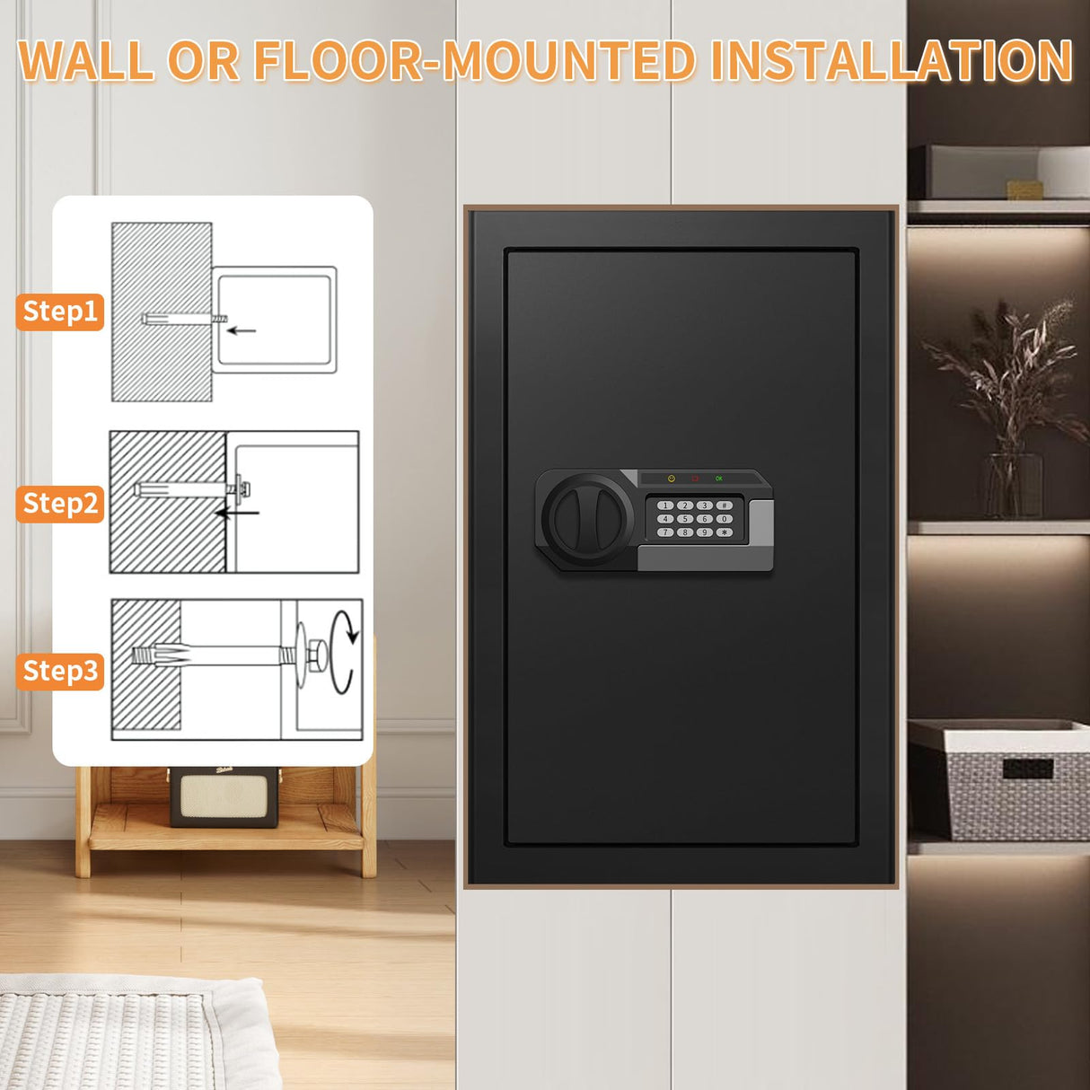 5.1 Cub Large Safes for Home Use Fire and Water Proof, Anti-theft Home Security Safe With Digital Keypad & 3 Removable Shelves and Led Light, Fireproof Safe Box for Documents Money Firearm Valuables Psisuvry