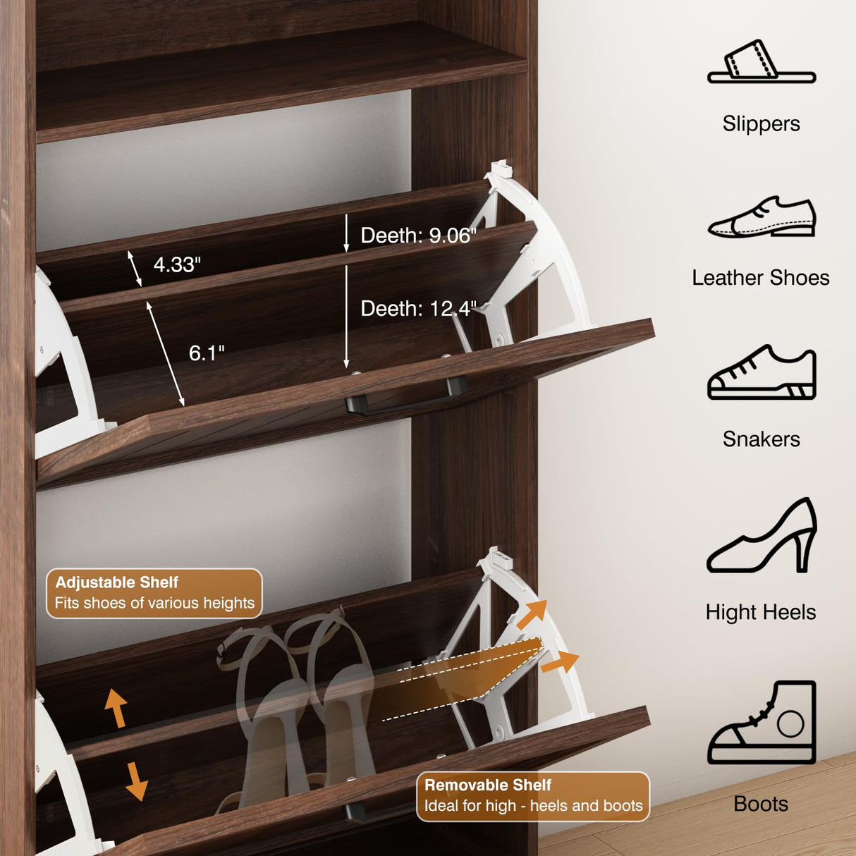 Shoe Storage Cabinet with 2 Flip Drawers, 24" W Farmhouse Modern Hidden Shoes Rack Cabinet with Adjustable Shelves & Open Storage, Narrow Slim Shoe Organizer for Front Door Entrance, Entryway, Walnut WINWY