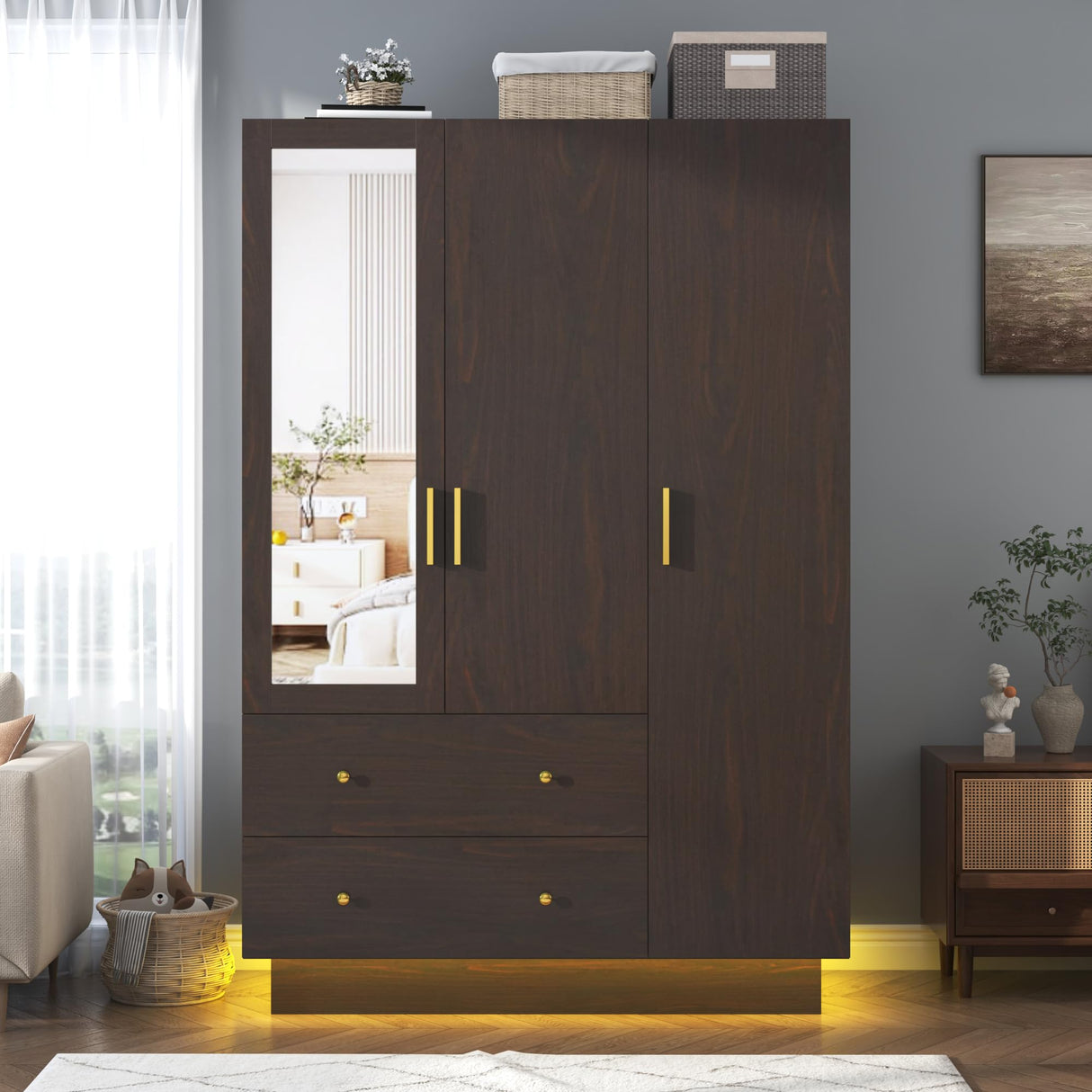 3 Doors Armoire Wardrobe Closet with Mirror, LED Armoire with Doors and Drawers, Wooden Armoire Storage Cabinet with Hanging Rod, Adjustable Shelves, Brown chartustriable