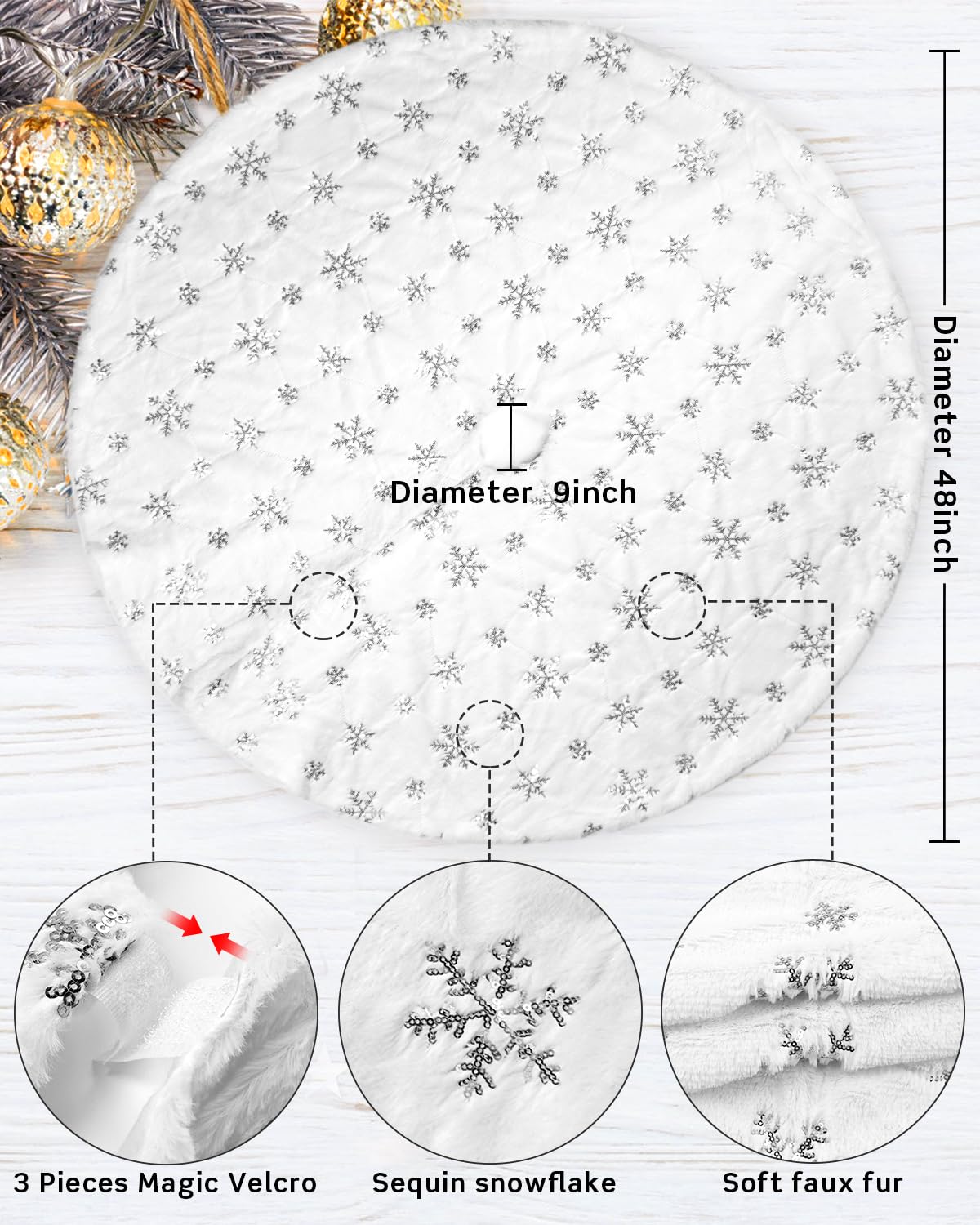 COOLWUFAN 48 Inches Christmas Tree Skirt for Xmas Tree Holiday Party Decorations White Plush Silver Sequin Snowflake (Silver) COOLWUFAN