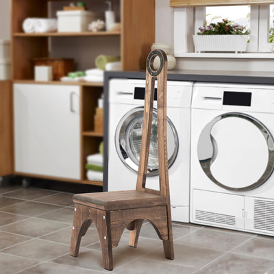 Heavy Duty Wooden Step Stool with Handle, Besuerte Vintage Step Stool with 32.75" Tall Handle for Bathroom, Kitchen, No Need to Bend Your Back to Pick Up Single Step Stool (Walnut)