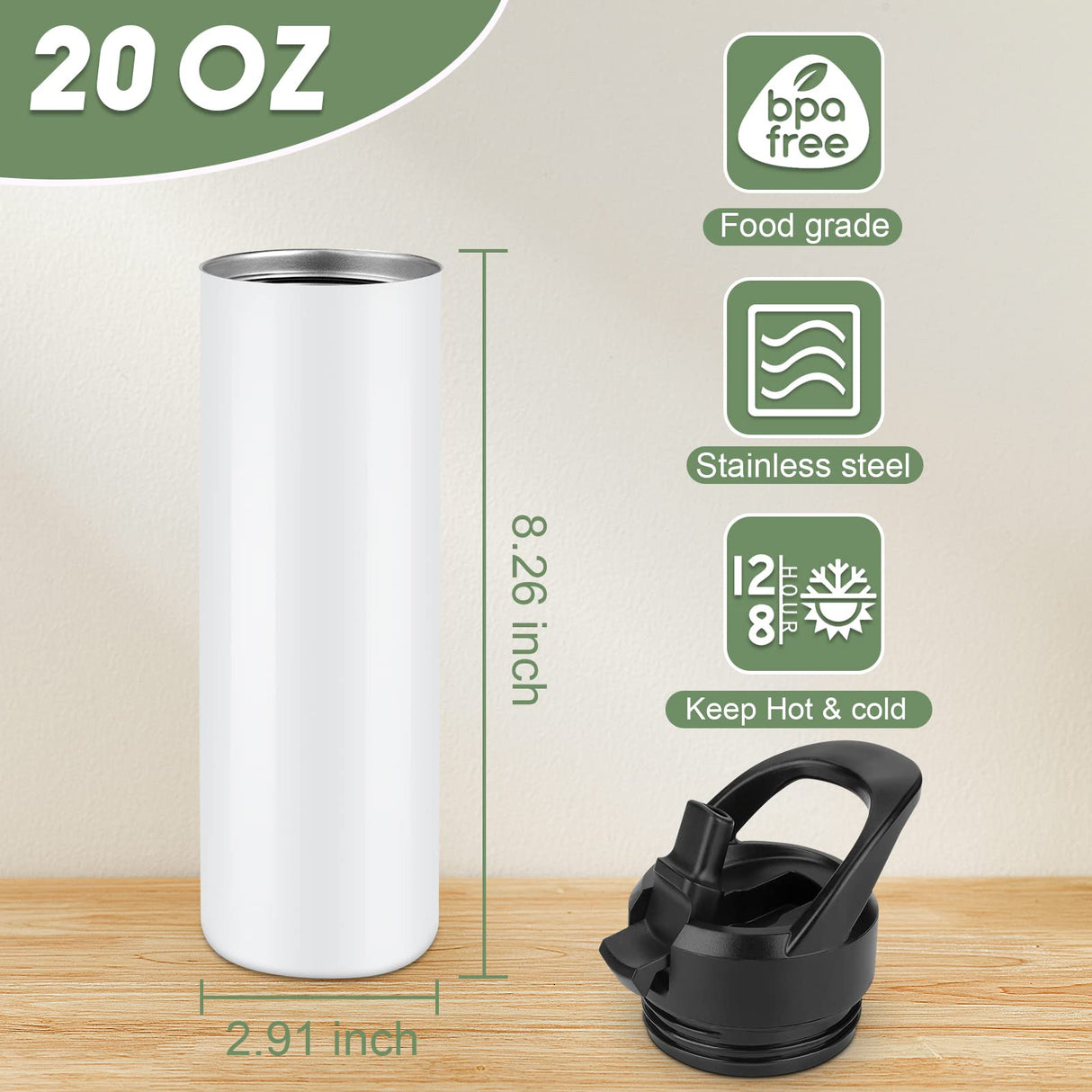 8 Pack 20oz Sublimation Tumbler Set Triple-Insulated Stainless Steel Sports Water Bottle with Straw Lid Blank Sublimation Cup with DIY Stickers, Shrink Wrap, Rubber Base, Heat Tape for Heat Transfer HEIBERWIND