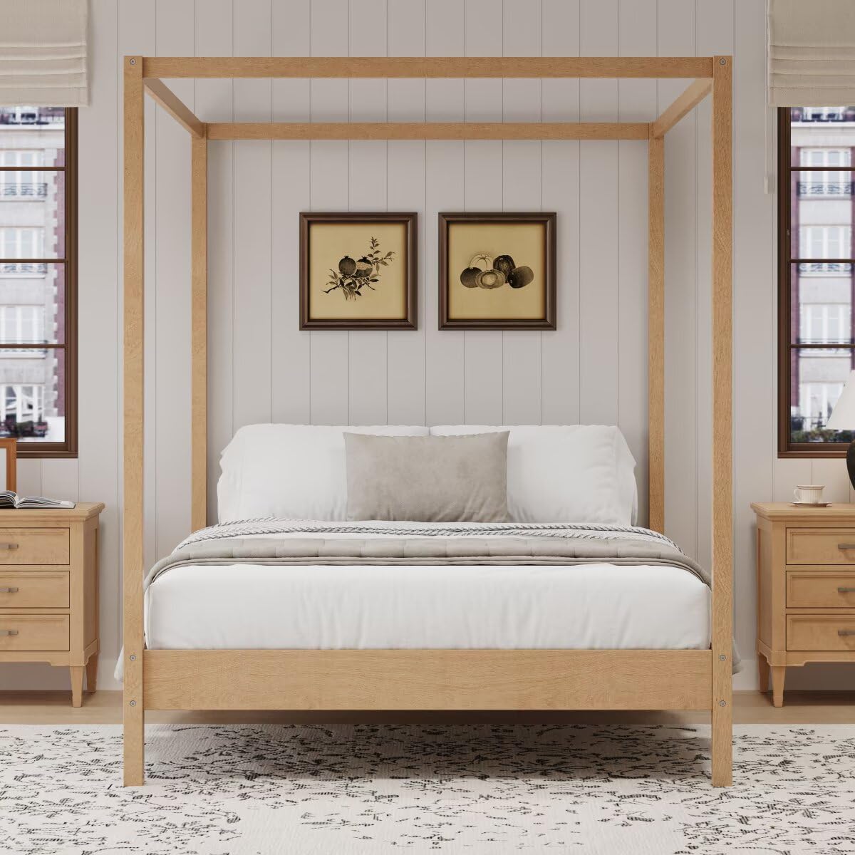 JIJIWANG Solid Wood King Size Canopy Bed Frame Four Poster Platform Bed with Slats Support, No Box Spring Needed, Natural JIJIWANG