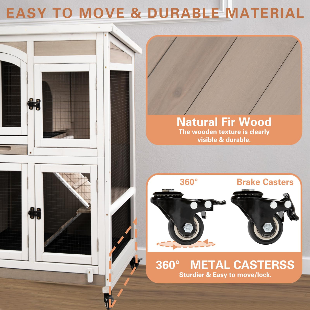 Gowoodhut 47"L Rabbit Hutch Indoor Wooden 2 Story Rabbit Large Bunny Hutch Outdoor Bunny Cage on 4 Metal Wheels and 2 Deeper Pull Out Trays, Ramp,Guinea Pig Pet House for Small to Medium Animals,Grey Gowoodhut