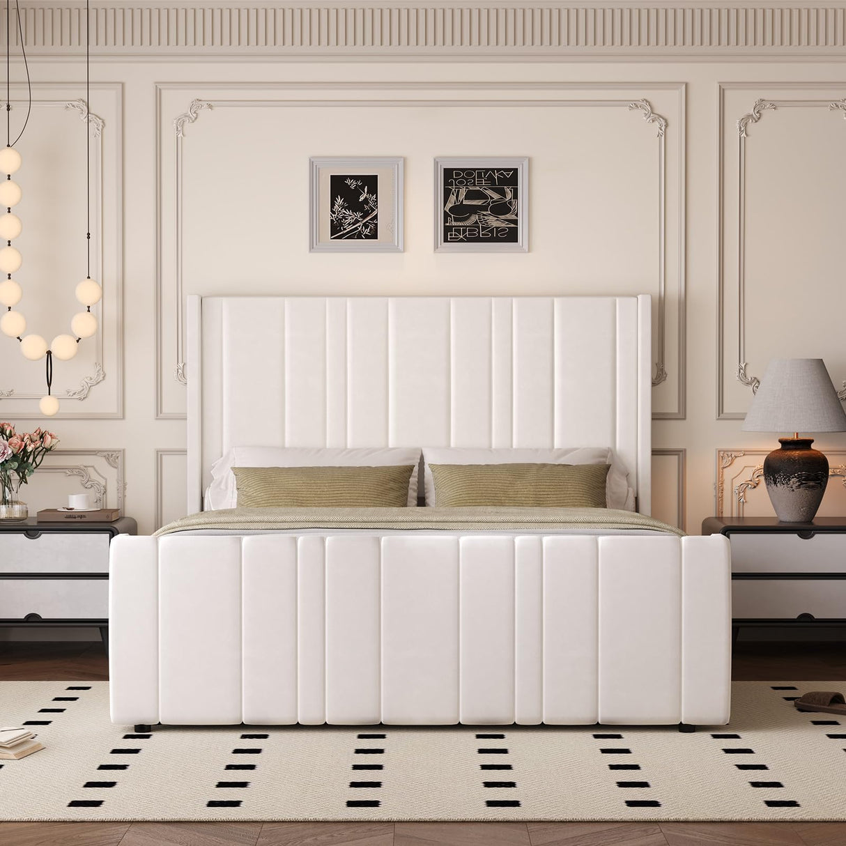 HOMBCK Queen Bed Frame, Upholstered Platform Bed Frame Queen Size with Vertical Channel Tufted Headboard & Footboard, Wingback Design/Noise Free/No Box Spring Needed/Easy Assembly, Cream HOMBCK