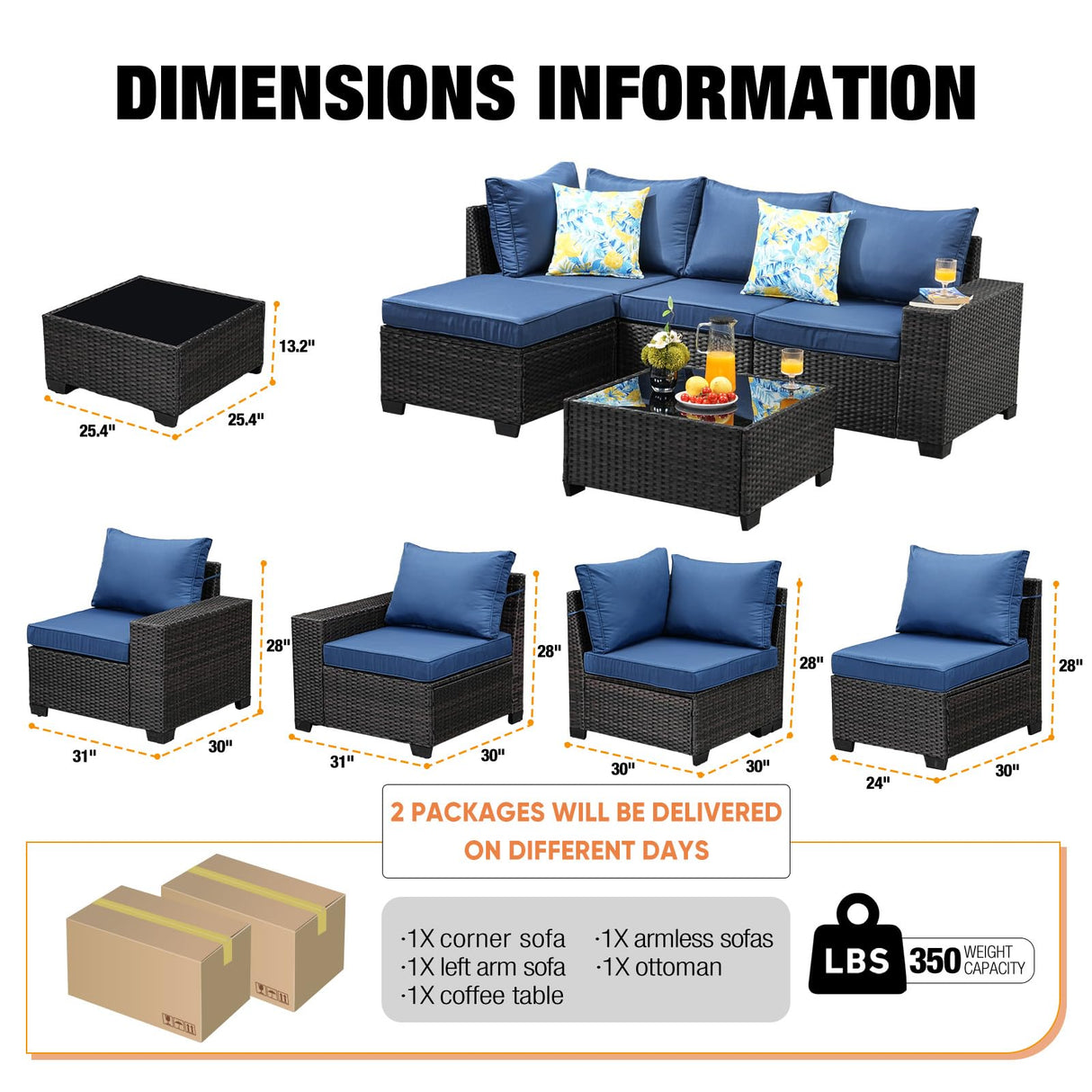 TerraRelax Patio Furniture Set 5 Pieces All Weather Patio Conversation Sets Wicker PE Rattan Outdoor Sectional Couch Sofa with Cushion Ottoman Table for Poolside Peacock, Garden, Backyard Navy TerraRelax