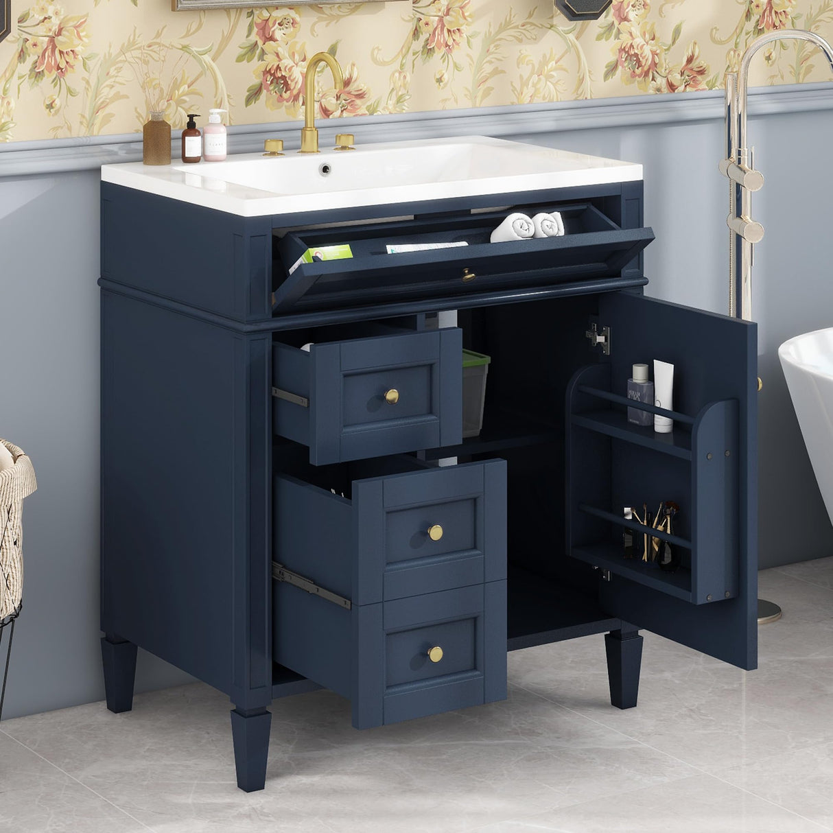 Jeffski 30" Floor Bathroom Vanity with Top Sink, Modern Bathroom Cabinet Vanities with 2 Drawers, Adjustable Shelf and A Tip-Out Drawer, Single Sink Combo Set Bathroom Vanity, Navy Blue Jeffski