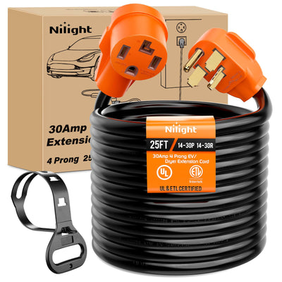 Nilight 25FT EV Dryer Extension Cord 4 Prong 30 Amp NEMA 14-30P 14-30R Old Dryer Extension Cable Heavy Duty 10 Gauge Pure Copper Wire UL Listed 125/250V for Level 2 EV Charging
