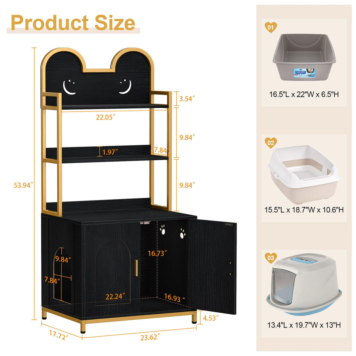 Snughome Cat Litter Box Enclosure with Storage Shelves, Indoor Hidden Cat Litter Box Enclosure Furniture, Wooden Cat Washroom Furniture Cabinet with Metal Frame, Modern Style, Black and Gold Snughome