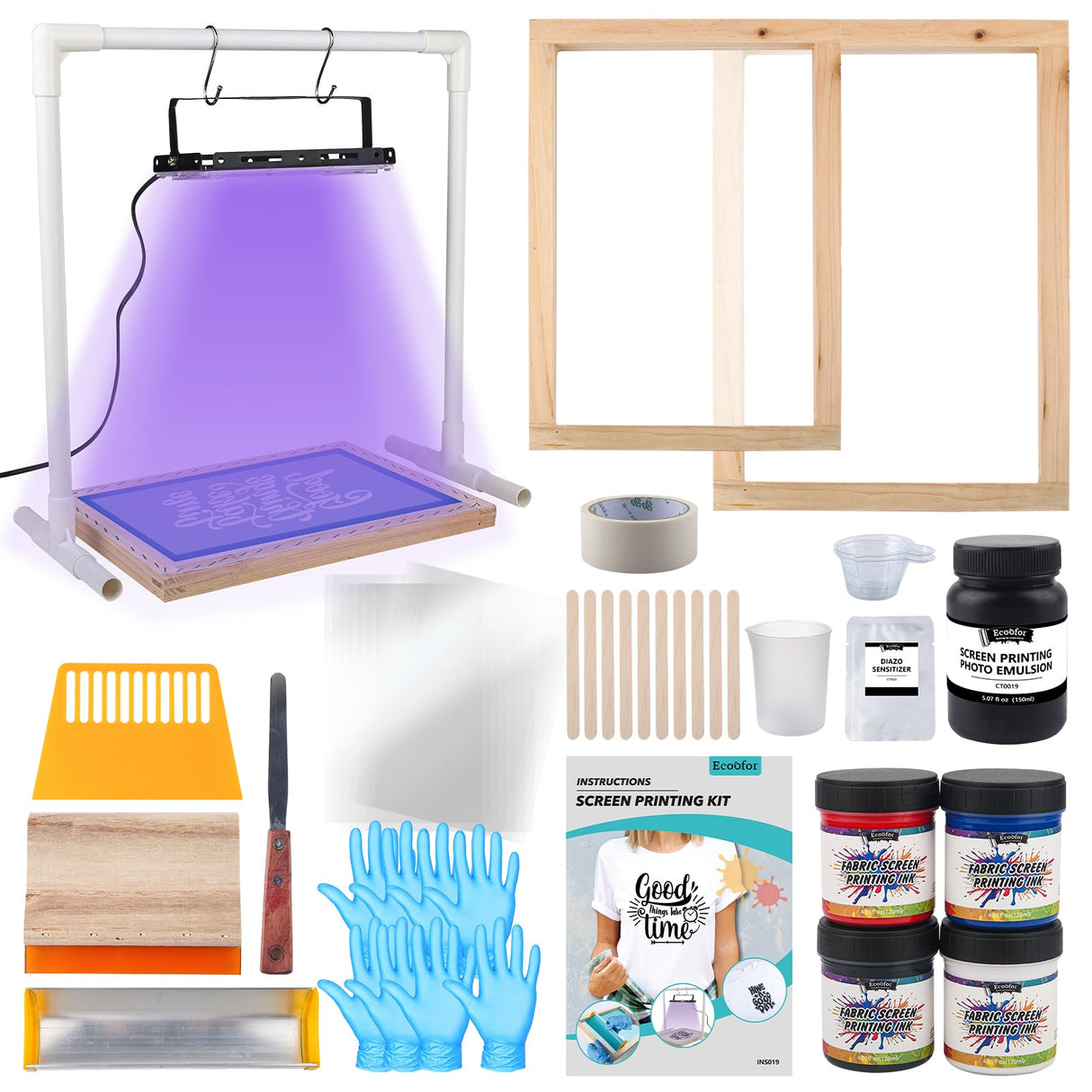 Ecoofor 47pcs All-in-One Set with 50W UV Exposure Lamp,2 Size Wood Screen Printing Frames, 4 Colors Screen Printing Ink, 10 A4 Size Inkjet Transparency Films Ecoofor