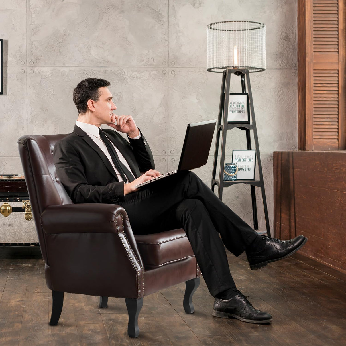 MOJAY PU Leather Accent Chair Set of 2, Mid-Century Modern Armchair Living Room Club Chair with Tufted Button & Rivet Trim, Upholstered Sofa Chair with Sturdy Wood Legs for Bedroom (Reddish Brown) MOJAY