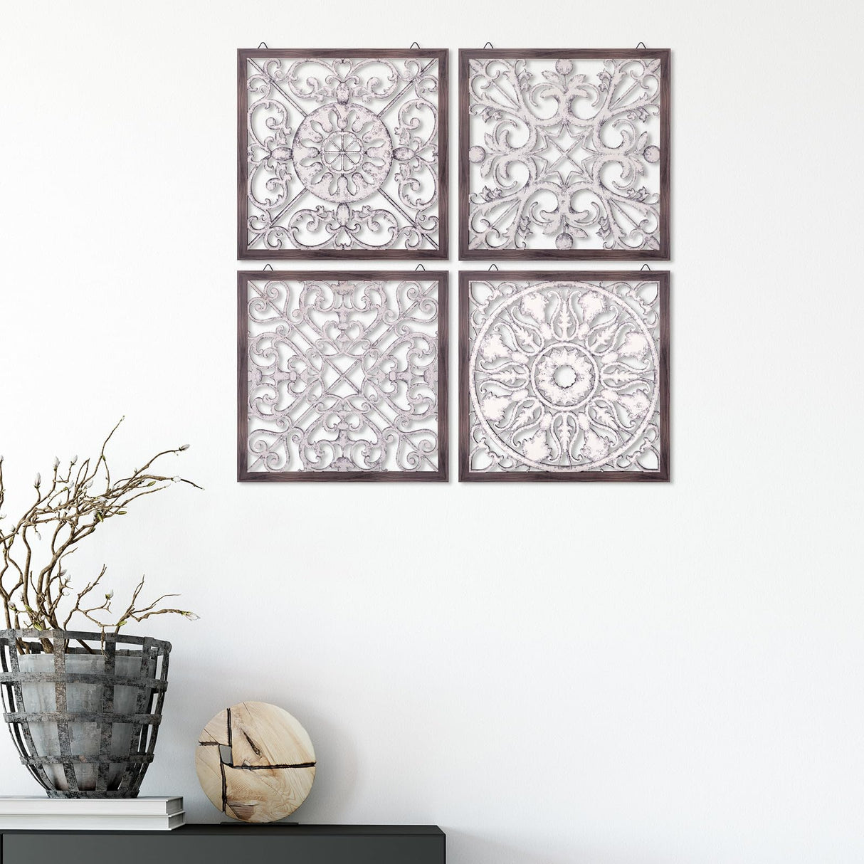 Tatuo 4 Pcs Wood Wall Art Wall Decor Farmhouse Wall Decor for Living Room Wooden Decorative Wood Panels Modern Wall Plaque for Home Kitchen Dining Room(Brown, White,Square) Tatuo