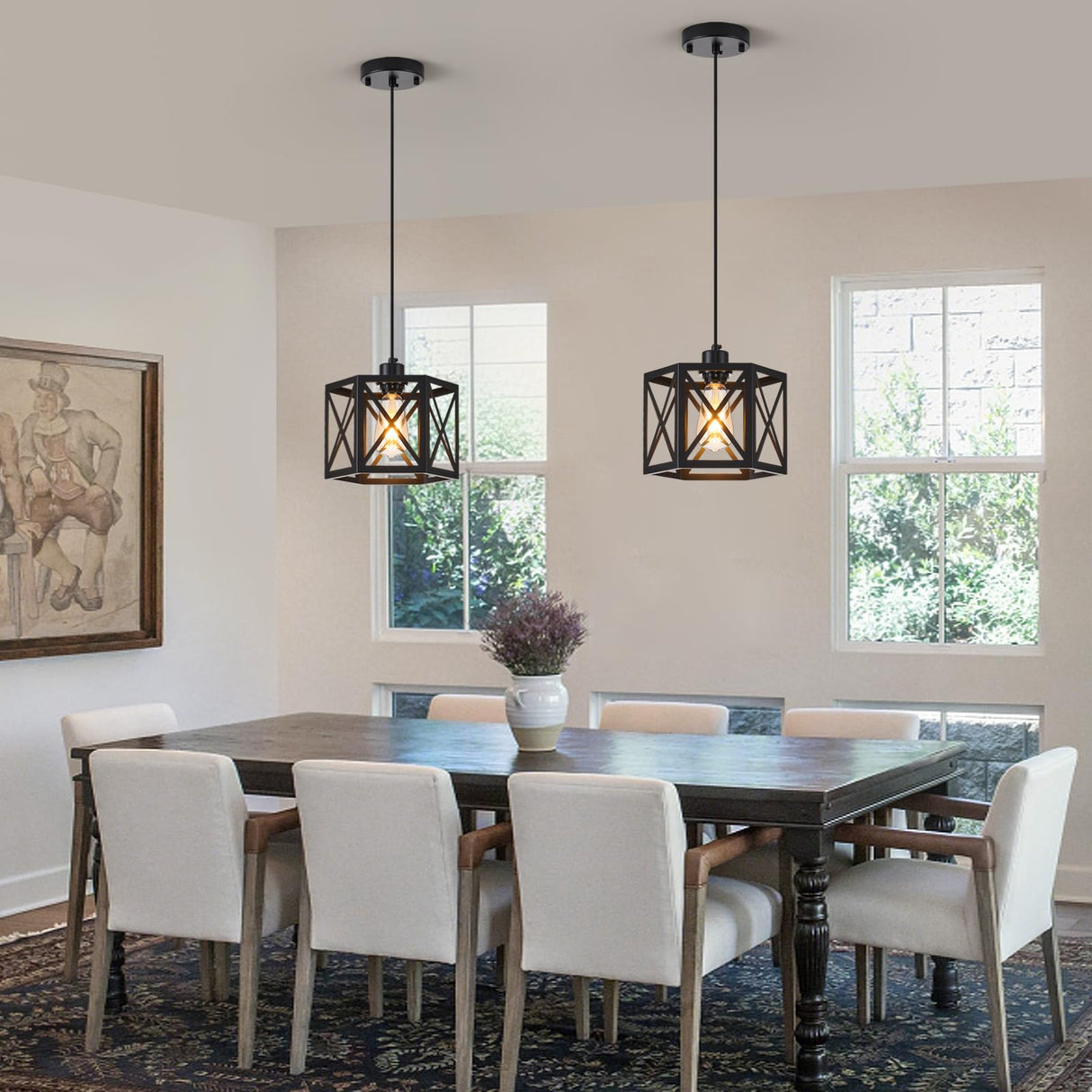 XSDeTu 2 Pack Farmhouse Pendant Lights, Modern Black Hanging Light Fixture with Hexagonal Cage, Industrial Metal Ceiling Lights, Adjustable Lantern Pendant Lighting for Kitchen Island Sink Hallway XSDeTu