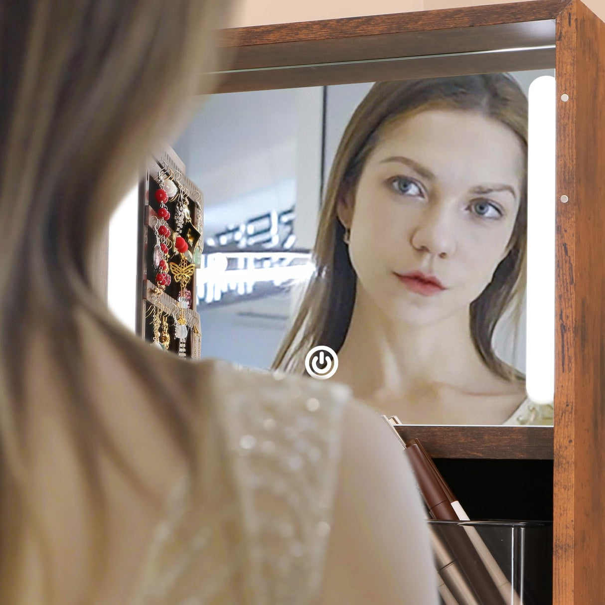 MASMIRE Rotating Jewelry Cabinet with Vanity Mirror,Full Length Mirror with Storage Mirror Jewelry Armoire Standing with LED Lights Lockable Jewelry Organizer Wheels Rustic Brown MASMIRE