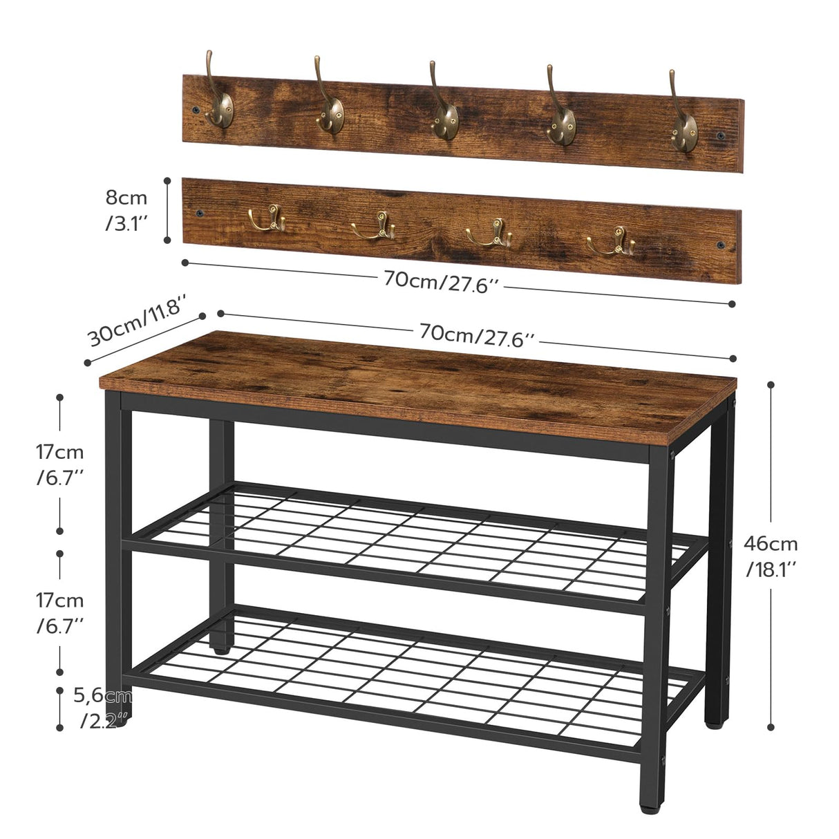 HOOBRO Hall Tree with Bench, Coat Rack Shoe Bench Set, Entryway Shoe Rack Bench with Coat Hooks, Hall Tree Coat Rack, 27.6"L x 11.8"W x 18.1"H, Industrial, for Foyer, Front Door, Rustic Brown BF07MT01 HOOBRO