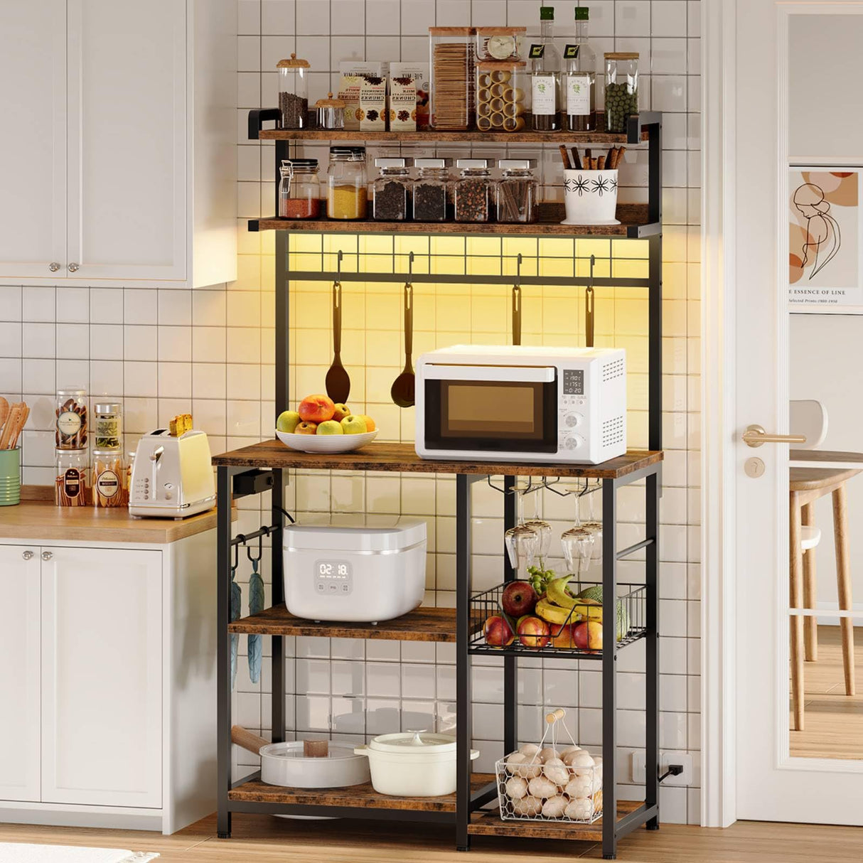 HOOBRO Bakers Rack with Power Outlet, 5 Tiers Coffee Bar with LED Light, Microwave Stand with Wire Basket & Wine Holders, Kitchen Storage Shelf with 6 S-Shaped Hooks, Rustic Brown and Black BF21UDHB01 HOOBRO
