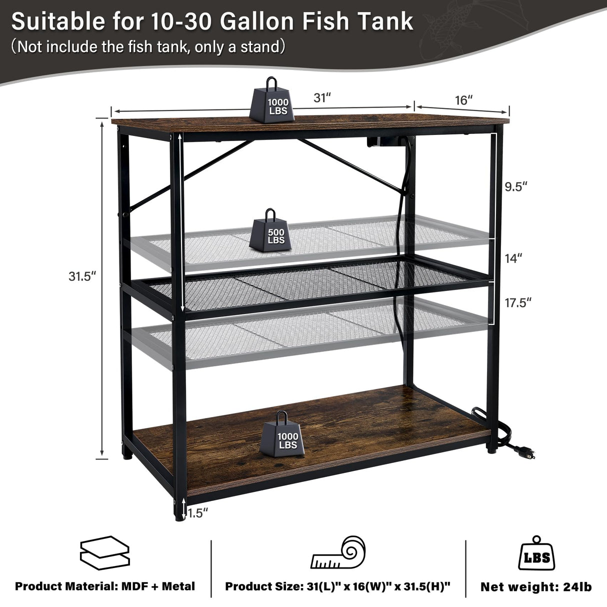 TC-HOMENY Fish Tank Stand 10-30 Gallon, Aquarium Stand with Charging Station,1000LB Capacity ,31" L x 16" W Metal Reptile Tank Stand, Double Storage Design Adjustable Boards, Brown(Tank not Included) TC-HOMENY