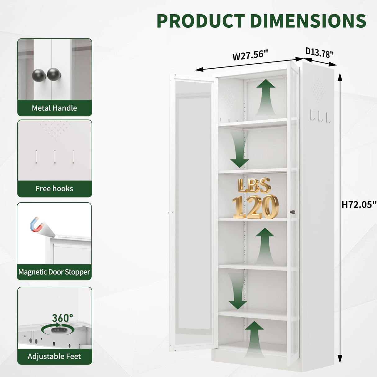 VIYET 72" Tall Kitchen Pantry Cabinet,White Metal Pantry Cabinet with 2 Doors & 5 Adjustable Shelves,Utility Storage Cabinet Rust-Resistant for Living Room,Dining Room,Bathroom,Garage,Basement VIYET