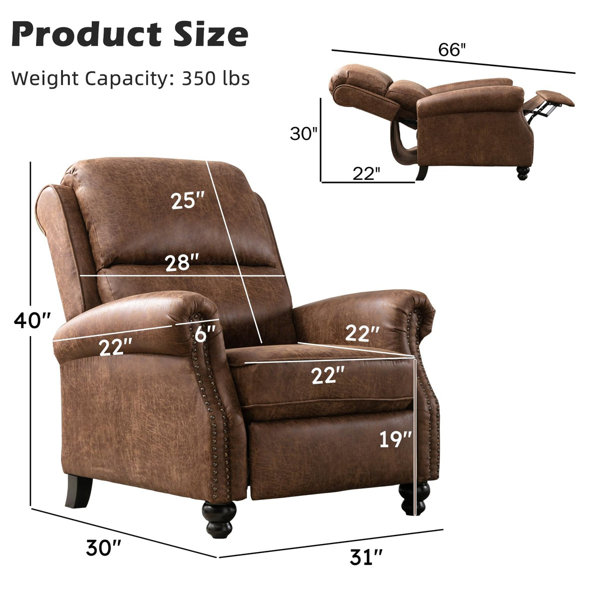 IOMOR Push Back Recliner Chair Faux Leather Lounge Armchair with Rivet Decoration Wingback Single Sofa Chair with Padded Seat Solid Wood Legs for Living Room, Comfy Upholstered Set of 2, Chocolate IOMOR