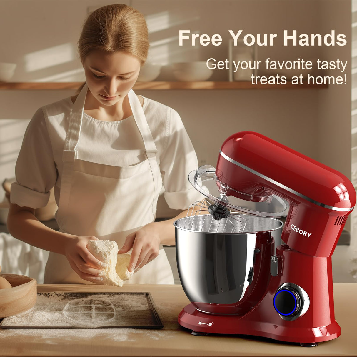 CEBORY 3-IN-1 Electric Stand Mixer, 6.5QT Bowl 10-Speed Kitchen Mixer, Household Food Mixers include Dough Hook, Beater and Whisk, Bread Cake Mixer for Baking and Most Home Cooks, Red CEBORY