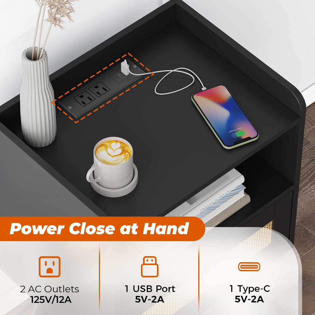 SUPERJARE Nightstands with Charging Station, Bedside Table Set of 2 with PE Rattan Drawers, Rattan Side Table with Storage & Solid Wood Feet, End Table for Bedroom, Black SUPERJARE