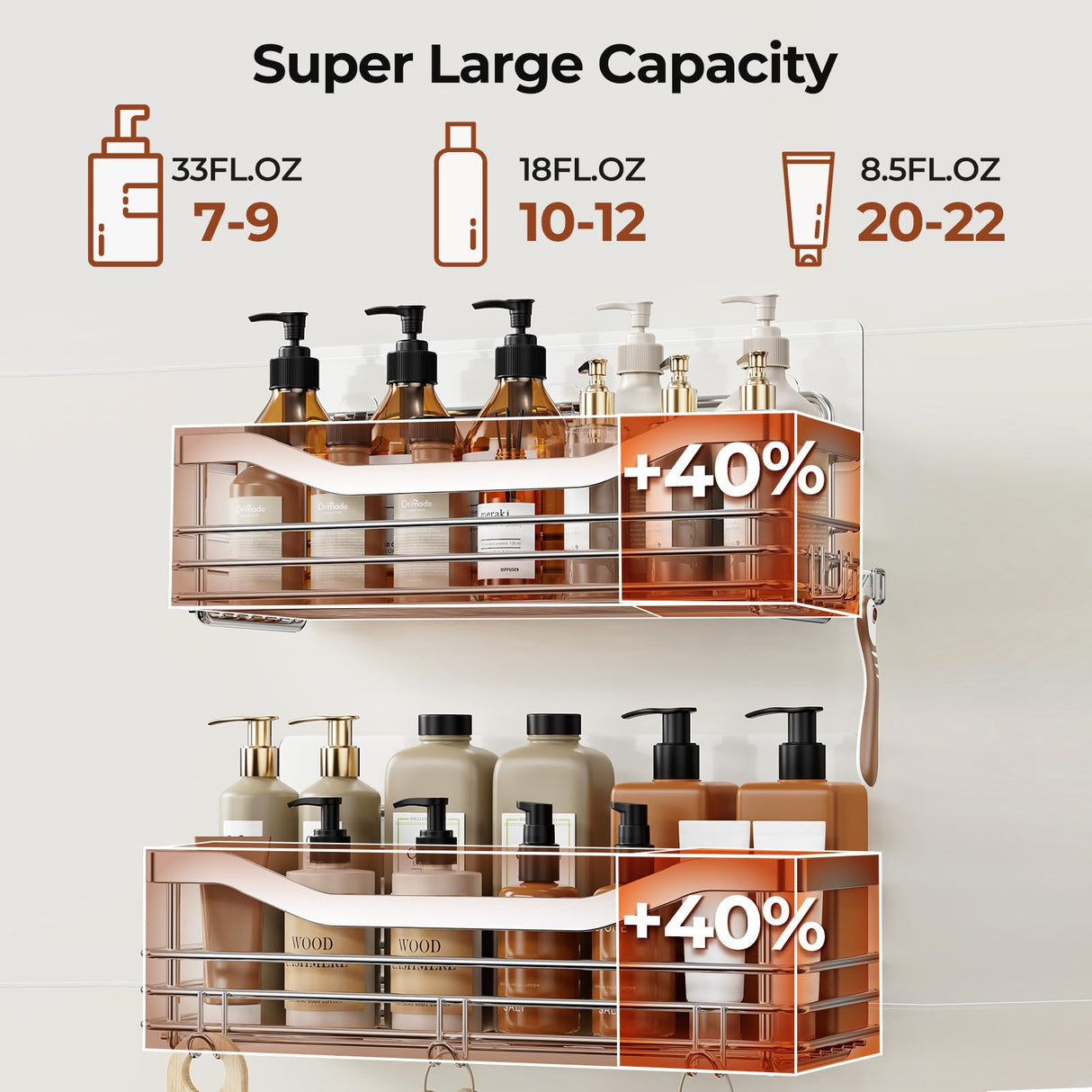 Orimade Shower Caddy Basket Shelf with 5 Hooks Adhesive Organizer Storage Rack Rustproof Wall Mounted Stainless Steel No Drilling for Bathroom, Toilet, Kitchen - 2 Pack Orimade