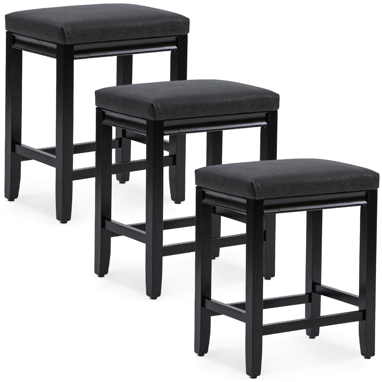 RNKSFX Counter Height Black Bar Stools Set of 3 for Kitchen Counter Farmhouse Modern Barstools with Faux Leather Upholstered Backless Seat and Solid Wood Legs 24 inch Bar Chairs RNKSFX
