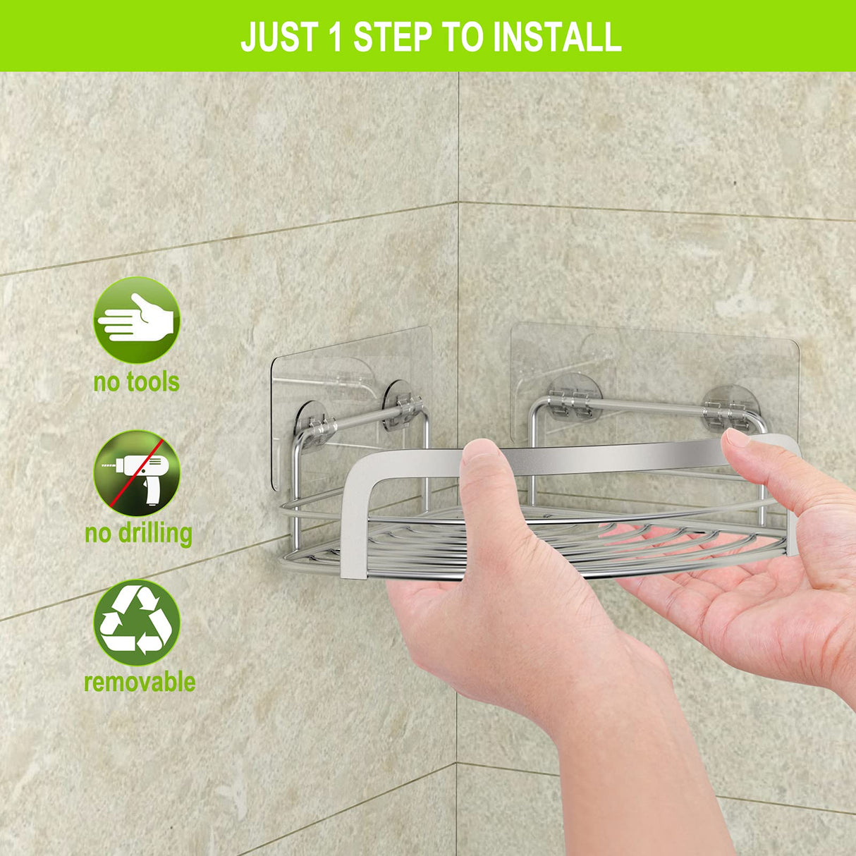 STEUGO 2 Pack Shower Caddy Corner, Bathroom Corner Shower Shelfs, Adhesive Wall Mounted Shower Caddy with 4 Movable Hooks, No Drilling Shower Shelf, Stainless Steel Silver. STEUGO