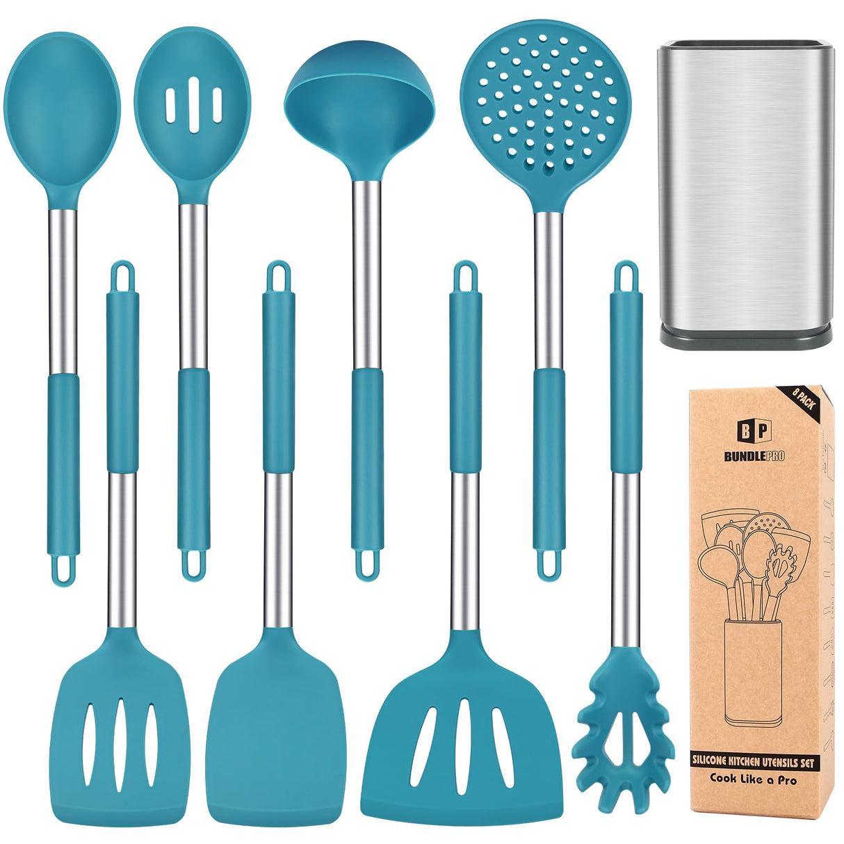 Silicone Cooking Utensil Set, 8Pcs Non-stick Cookware with Stainless Steel Handle, BPA Free Heat Resistant Kitchen Tools with Spatulas, Turners, Spoons, Skimmer and Pasta Fork BUNDLEPRO