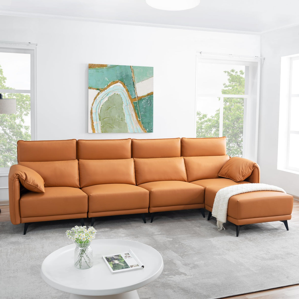 Naomi Home High Back Sectional Sofa, Oversized L-Shaped 4 Piece Modular Sectional with Ottoman, Convertible Couch with Headrests and Armrest Pillows for Living Room or Apartment, Caramel Naomi Home