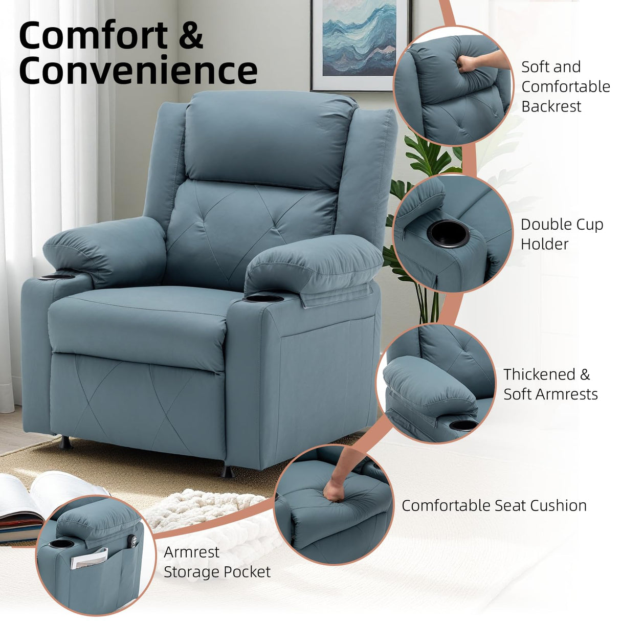 Homvinax Power Recliner Chair with Vibration Massage & Heat,Upholstered Faux Leather Single Reclining Sofa with Side Pockets Side Table for Living Room, Home Theater (Blue) Homvinax