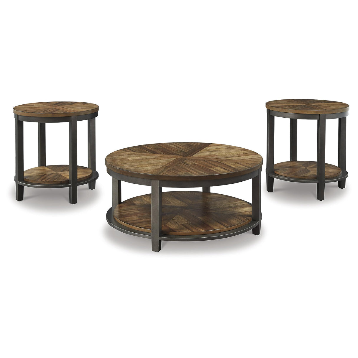 Signature Design by Ashley Roybeck Rustic Round 3-Piece Table Set, Includes 1 Coffee Table and 2 End Tables with Fixed Shelf, Light Brown Signature Design by Ashley