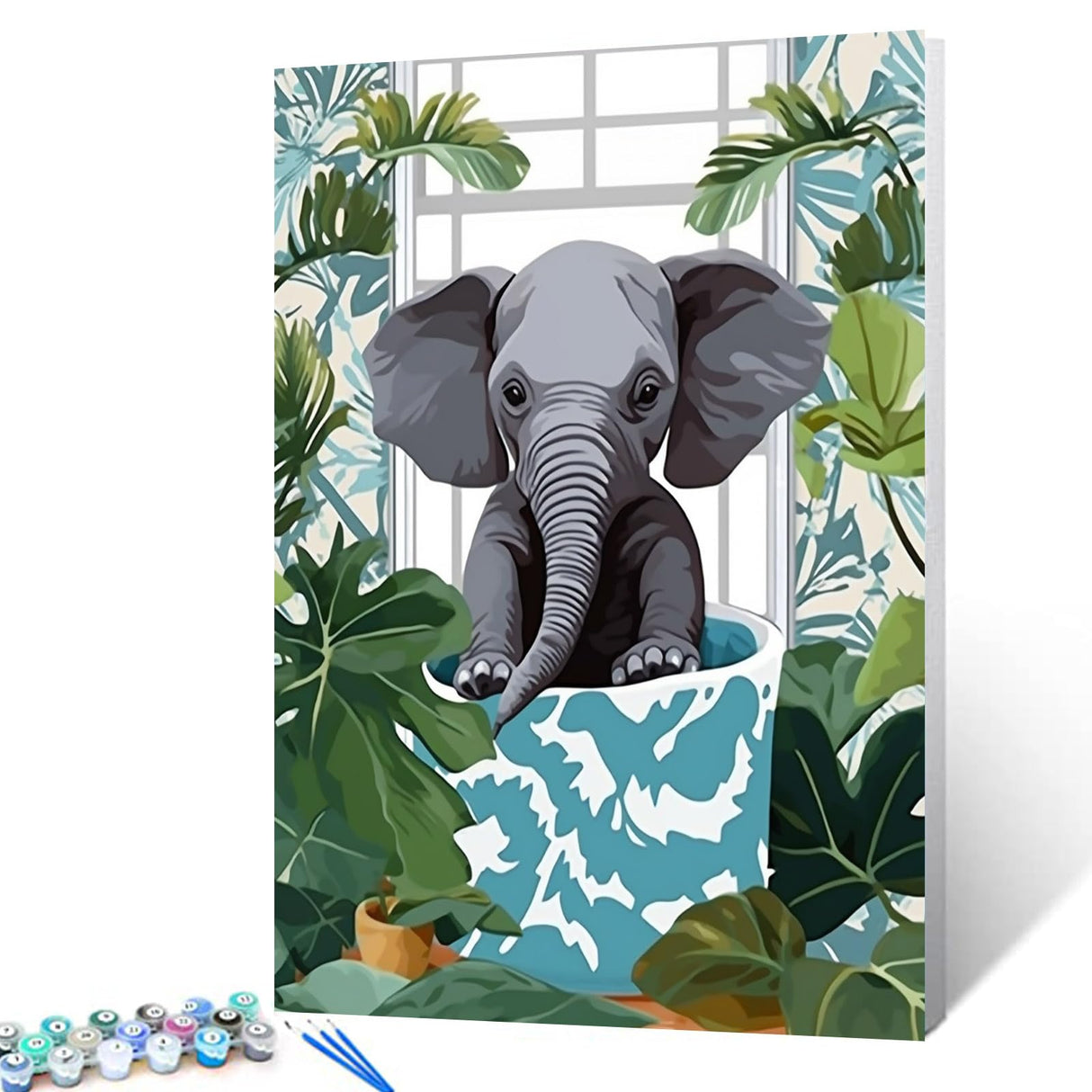 Funny Bathroom Paint By Bumbers for Adults Elephant in Bathtub DIY Paint by Numbers Acrylic Paint Canvas Room Decor Green Leaves Painting Kits Cute Elephant Bathroom Art 16x20 Inch(without Frame ) Tucocoo