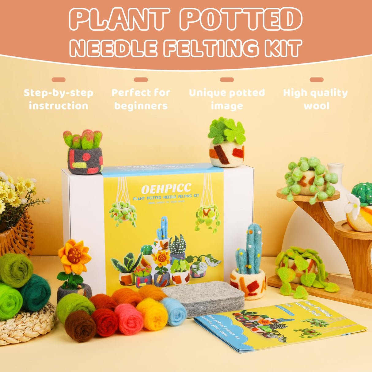 OEHPICC Needle Felting Kit - 10 Pack Plant Pot Needle Felting Starter Kit, Felting Kits with Basic Felt Tools, Clear Instructions for Beginner Adult Craft Kit, DIY Craft Plant Decor Present OEHPICC