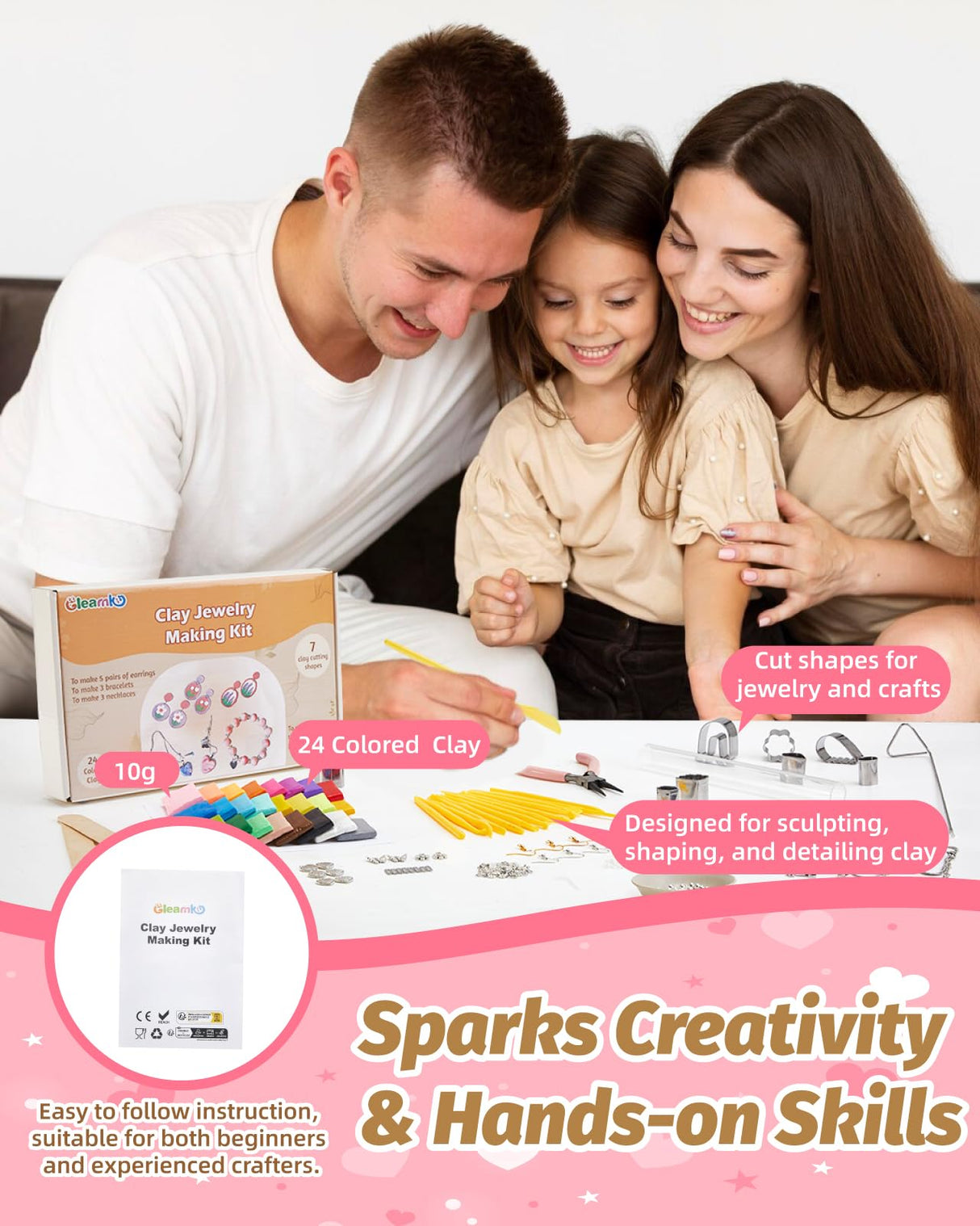 DIY Make Your Own Clay Jewelry Dish Craft Kit for Girls - Jewelry Dish Making Kit, w/24 Color Polymer Clay, 7 Circle Cutters, Rollers,212 pcs Earring Making Tools Arts and Crafts for Kids Ages 8+ Gleamkid