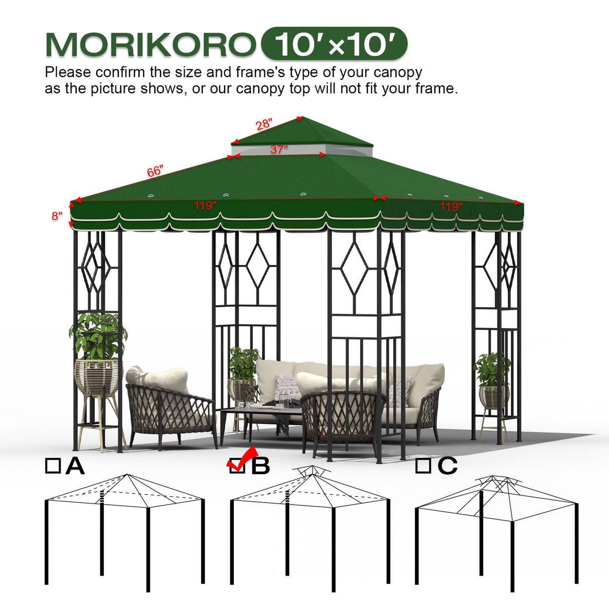 Morikoro 10x10 Canopy Replacement Top Canopy Cover Replacement 10x10 FT Double Tiered Gazebo Covers for Yard Patio Garden Canopy Sunshade (Green with lace) Morikoro