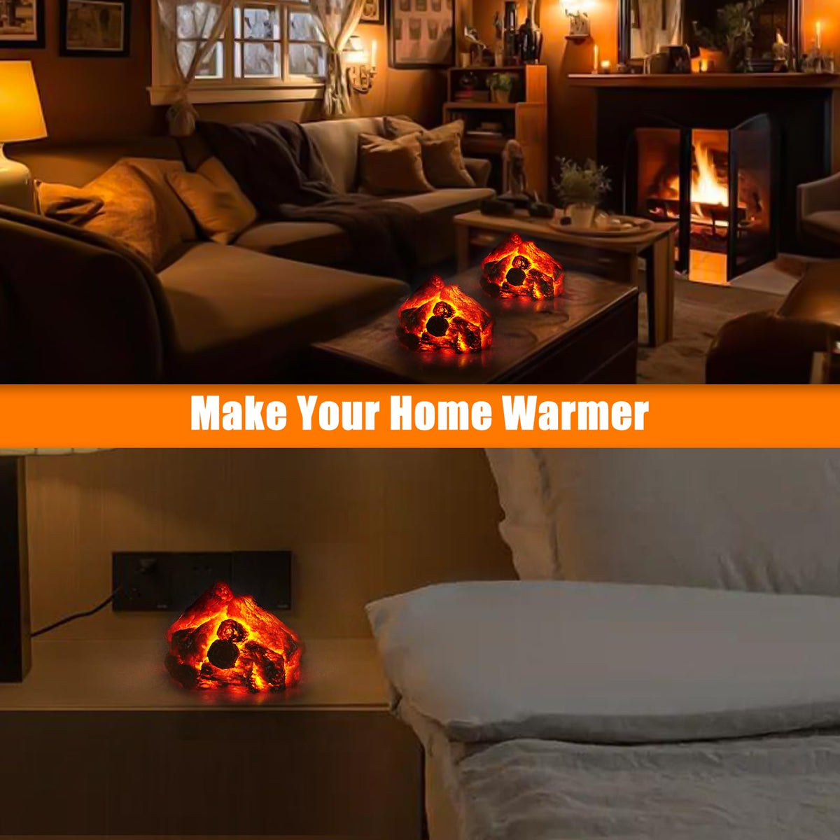 Bestview LED Simulation Charcoal Flame Lamp Fake Campfire Night Light, 3D Fake Fireplace Fire Pit Firewood Lamp with Realistic Log Flameless Candle Battery Operated, Halloween Christmas Decorations Bestview