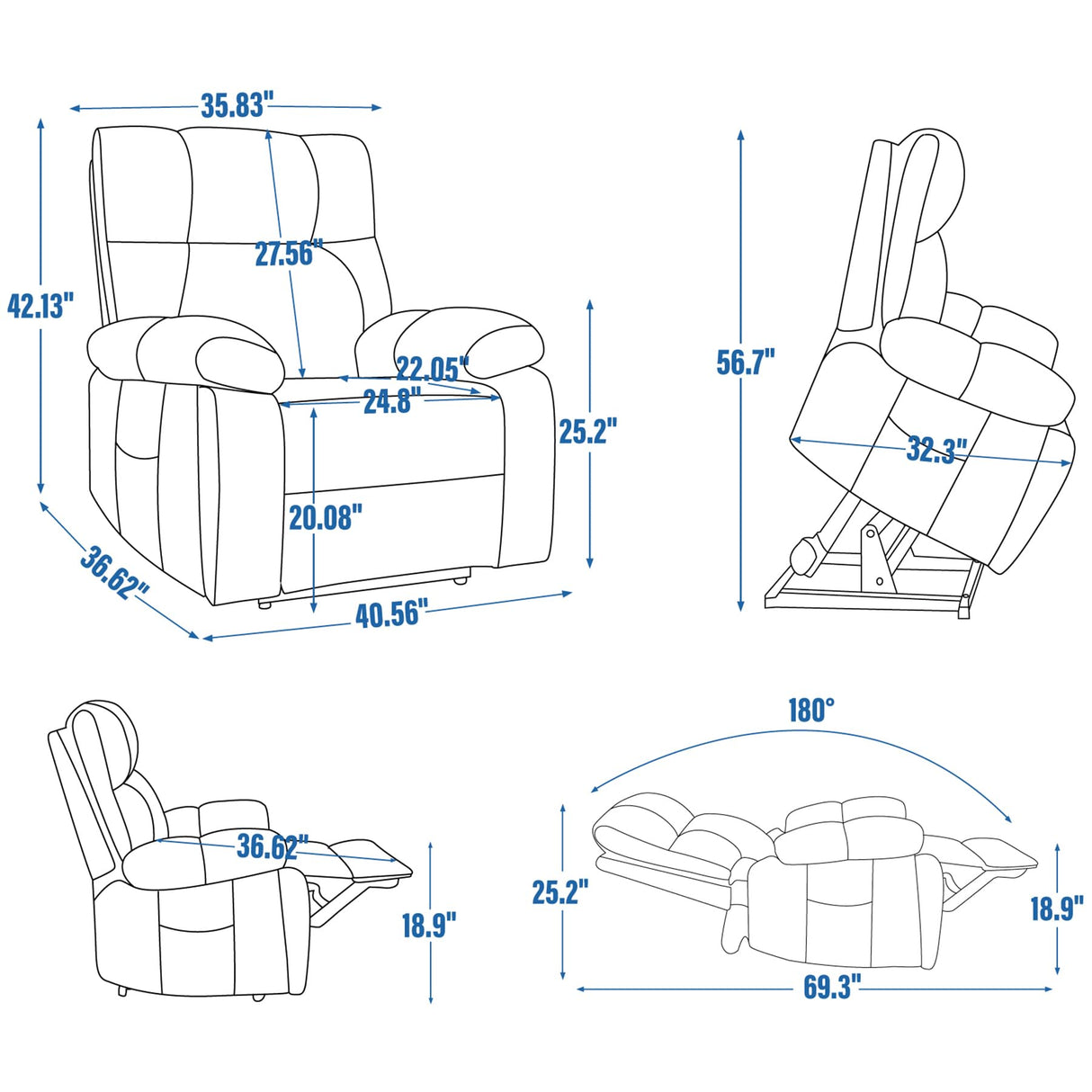 RHHVVR Oversized Power Lift Recliner Chair with Massage and Heating, 24.8" W Big Lay Flat Lift Recliner for Elderly, Medium-Firm Electric Recliners with Hidden Cup Holders,Gray RHHVVR