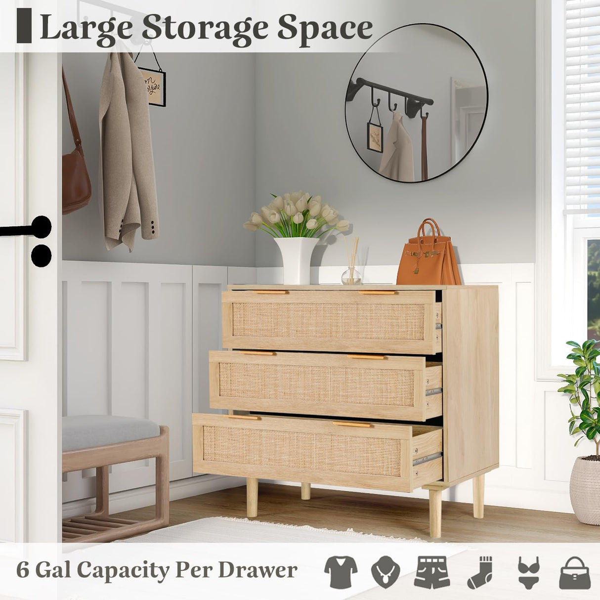 HOPUBUY 3 Drawer Dresser for Bedroom, Oak Rattan Dresser Closet Dressers Chest of Drawers, Light Wood Dresser 3 Drawer Storage Chest for Bedroom, Hallway, Living Room HOPUBUY