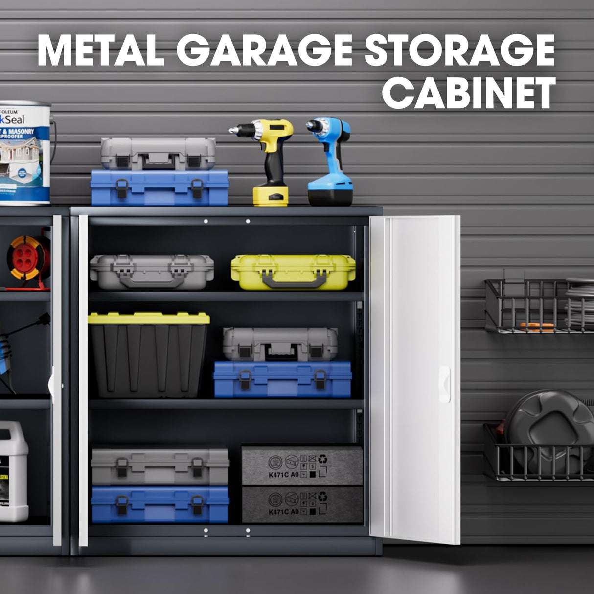 DNA MOTORING Metal Storage Cabinet, 36'' Locking Cabinet with 2 Doors and 2 Adjustable Shelves, Metal Cabinet Heavy Duty Utility Cabinet for Garage,Office,Home,Gym, Gray White, TOOLS-00631-GY-WH DNA MOTORING