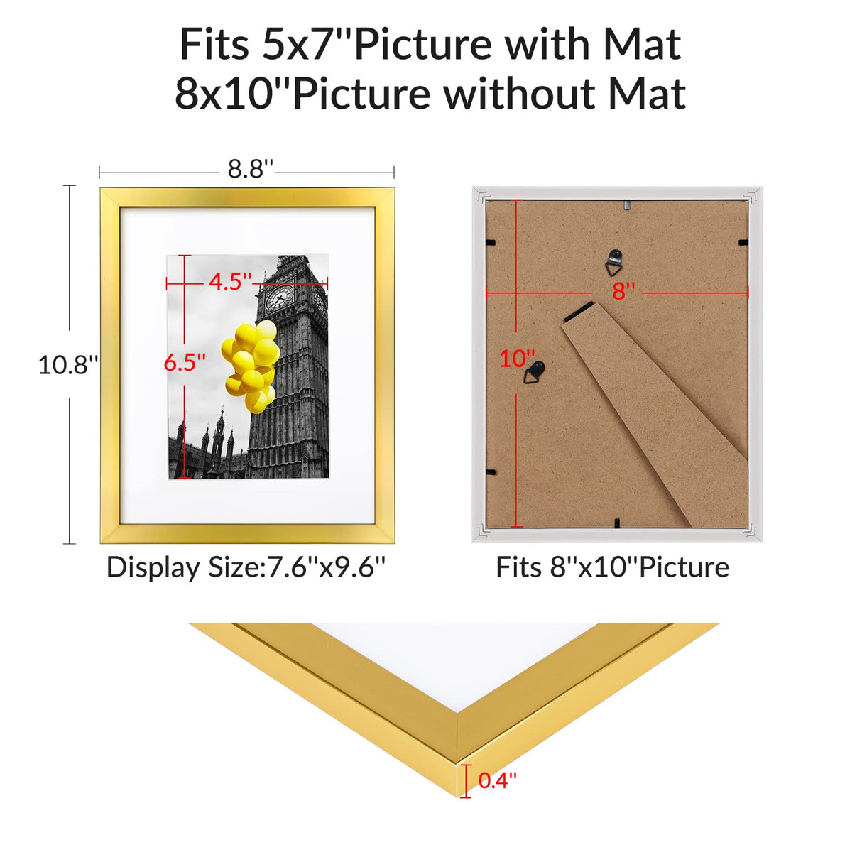 BSRHOME 8x10 Picture Frame with Plexiglass, Display Pictures 5x7 with Mat or 8x10 Without Mat for Tabletop Display and Wall Mounting, Set of 2,Gold BSRHOME