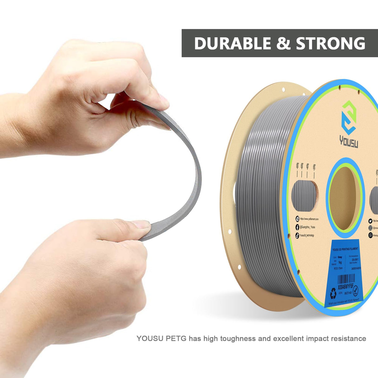 YOUSU PETG 3D Printer Filament 1.75mm Gray 1KG(2.2lbs), Better Physical Strength and Layer Bonding Performance 3D Printing Filament,Dimensional Accuracy +/- 0.02mm,Fits for Most FDM 3D Printers Yousu