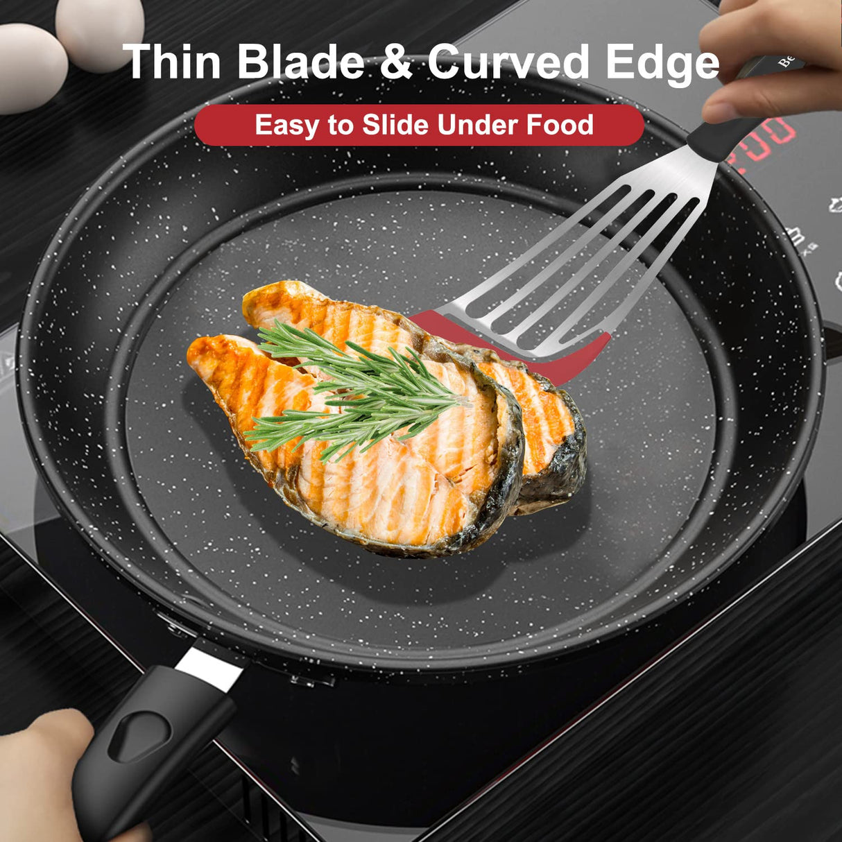 Beijiyi Fish Spatula Turner Set of 2, Heat Resistant Silicone Edge Slotted Fish Spatulas for Nonstick Cookware, Flexible and Thin Stainless Steel Kitchen Cooking Spatula Flipper for Fish, Egg, Pancake Beijiyi